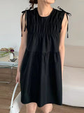 Cute Bow Lace-up Pleated Sleeveless Short Dress - PAINEVIDA