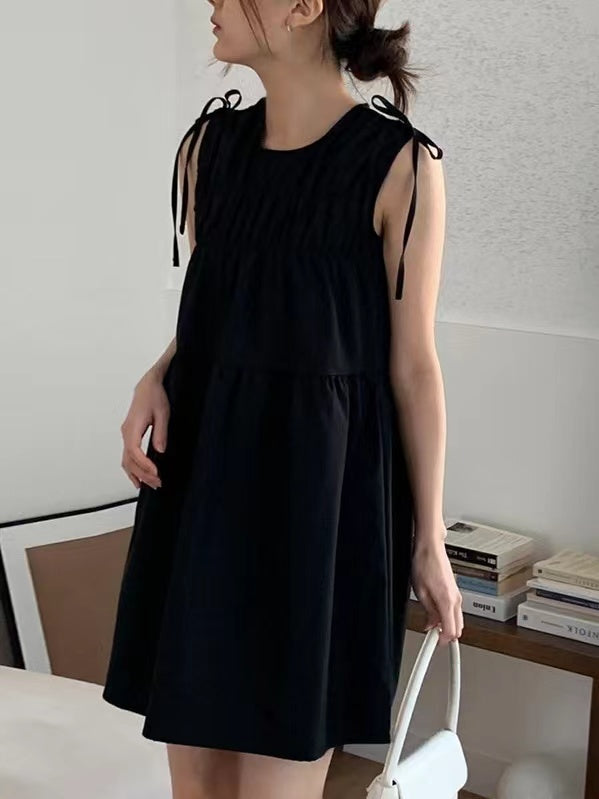 Cute Bow Lace-up Pleated Sleeveless Short Dress - PAINEVIDA