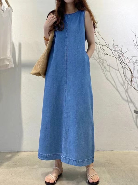 Simple Backless Loose Denim Dress