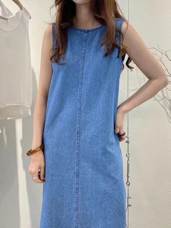 Simple Backless Loose Denim Dress - PAINEVIDA