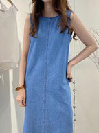 Simple Backless Loose Denim Dress - PAINEVIDA