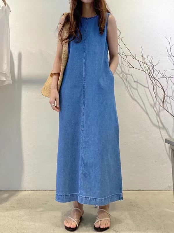Simple Backless Loose Denim Dress - PAINEVIDA