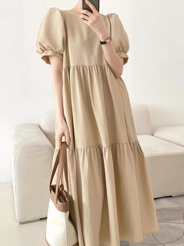 Simple Round Neck Loose Puff Sleeve Pleated Dress - PAINEVIDA