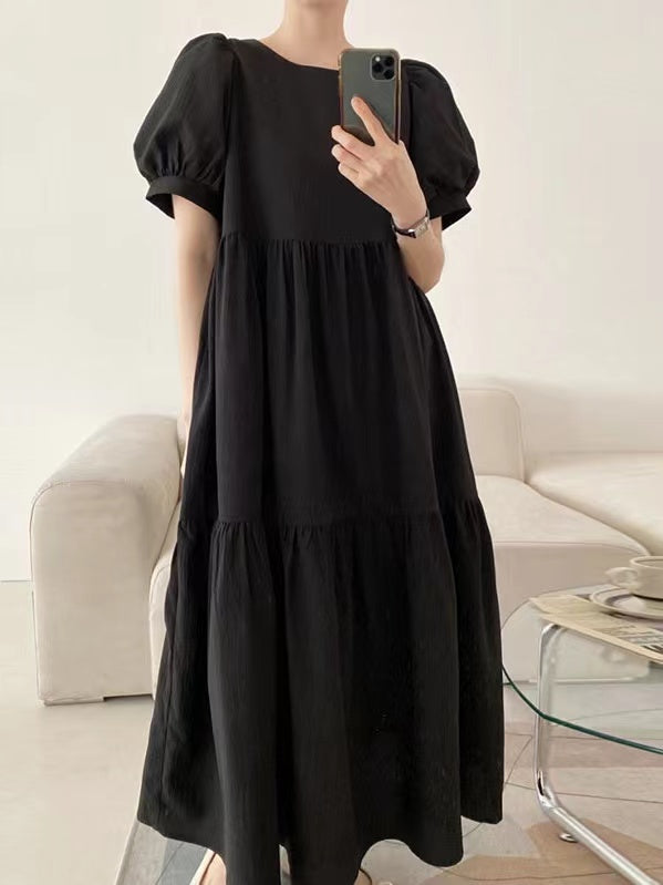 Simple Round Neck Loose Puff Sleeve Pleated Dress - PAINEVIDA