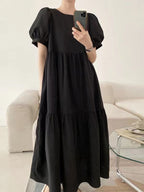 Simple Round Neck Loose Puff Sleeve Pleated Dress - PAINEVIDA