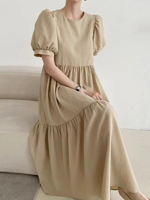 Simple Round Neck Loose Puff Sleeve Pleated Dress - PAINEVIDA