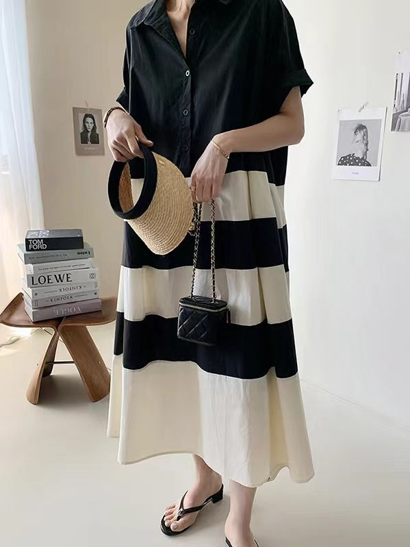 French Loose Black&white Oversize Shirt Dress - PAINEVIDA