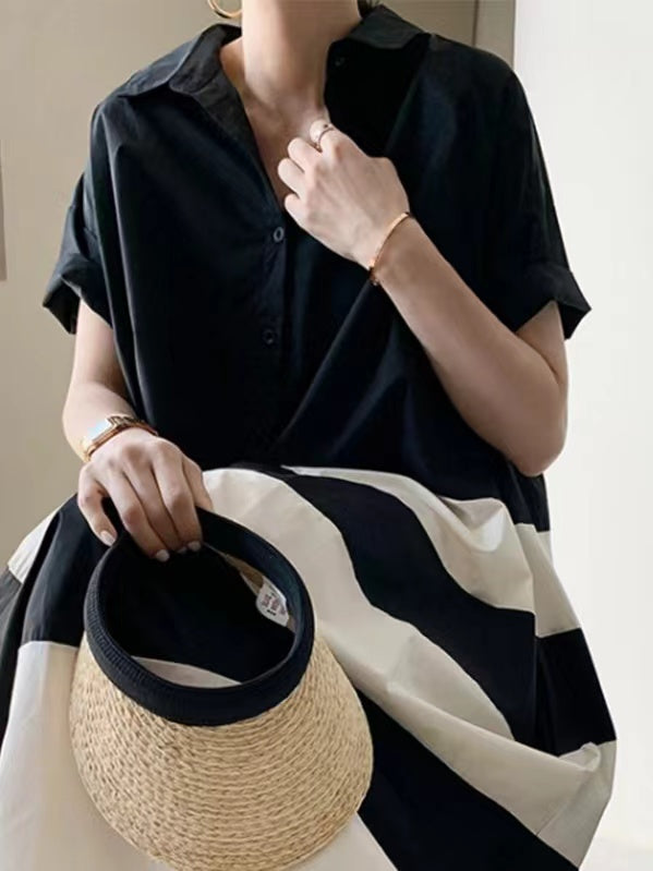 French Loose Black&white Oversize Shirt Dress - PAINEVIDA