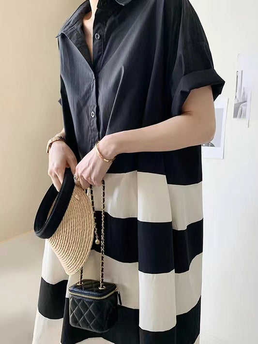 French Loose Black&white Oversize Shirt Dress - PAINEVIDA