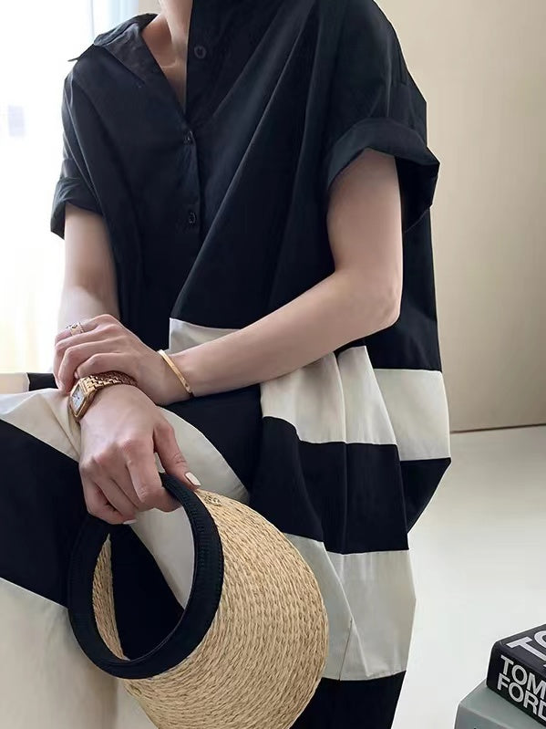 French Loose Black&white Oversize Shirt Dress - PAINEVIDA