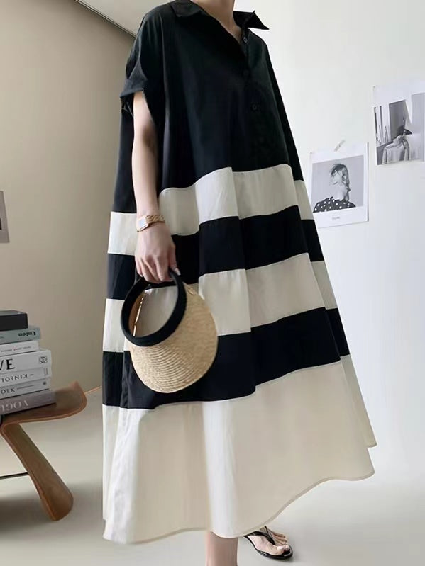 French Loose Black&white Oversize Shirt Dress - PAINEVIDA