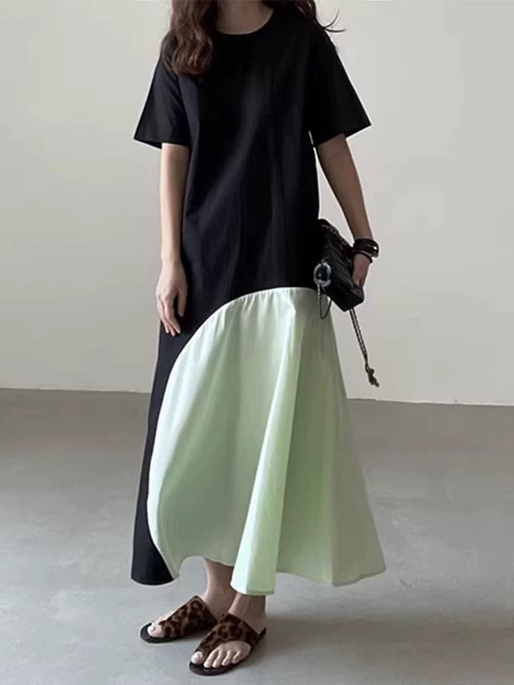 Contrast Color Stitching Irregular Short Sleeve Dress