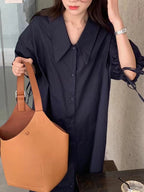 Loose Pointed Collar Single Breasted Balloon Sleeve Dress - PAINEVIDA