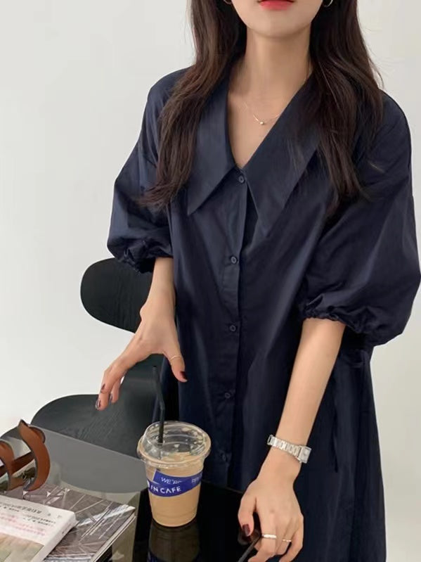 Loose Pointed Collar Single Breasted Balloon Sleeve Dress - PAINEVIDA
