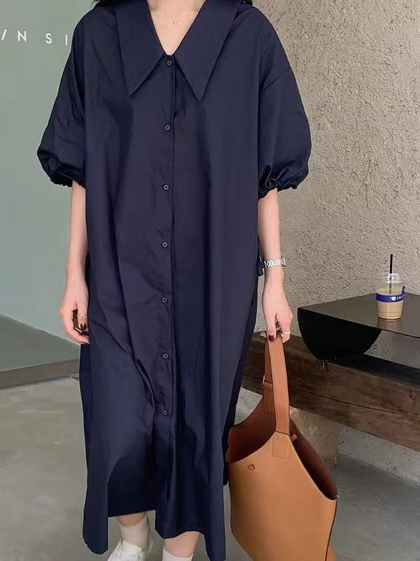 Loose Pointed Collar Single Breasted Balloon Sleeve Dress - PAINEVIDA