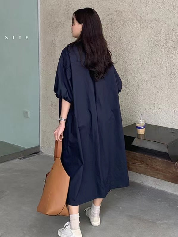 Loose Pointed Collar Single Breasted Balloon Sleeve Dress - PAINEVIDA