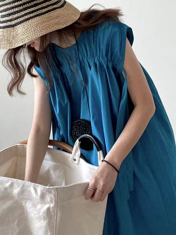 Drawstring Flying Sleeves A-line Blue Dress - PAINEVIDA