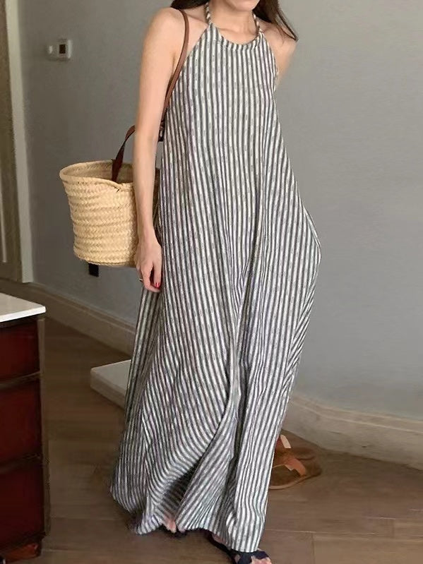 Loose Tie Open Back Striped Tank Dress - PAINEVIDA