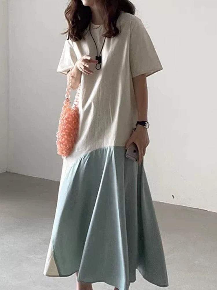 Contrast Color Stitching Irregular Short Sleeve Dress