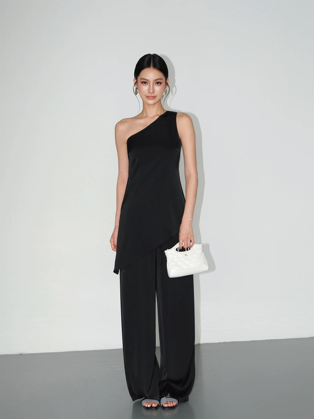 High-end Satin Off-shoulder Irregular Sleeveless Top Wide-leg Casual Pants Set