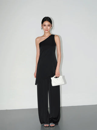 High-end Satin Off-shoulder Irregular Sleeveless Top Wide-leg Casual Pants Set by painevida