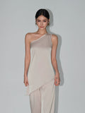 High-end Satin Off-shoulder Irregular Sleeveless Top Wide-leg Casual Pants Set