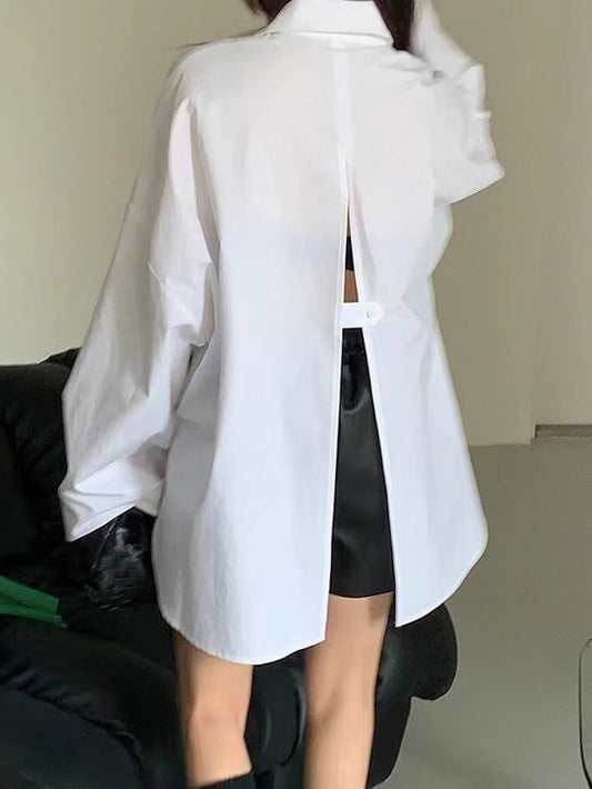 Lapel Single Breasted Back Slit Long Sleeve Shirt - PAINEVIDA