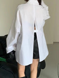 Lapel Single Breasted Back Slit Long Sleeve Shirt - PAINEVIDA