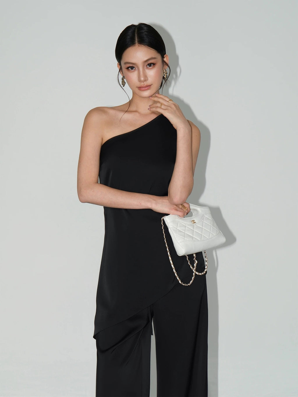 High-end Satin Off-shoulder Irregular Sleeveless Top Wide-leg Casual Pants Set