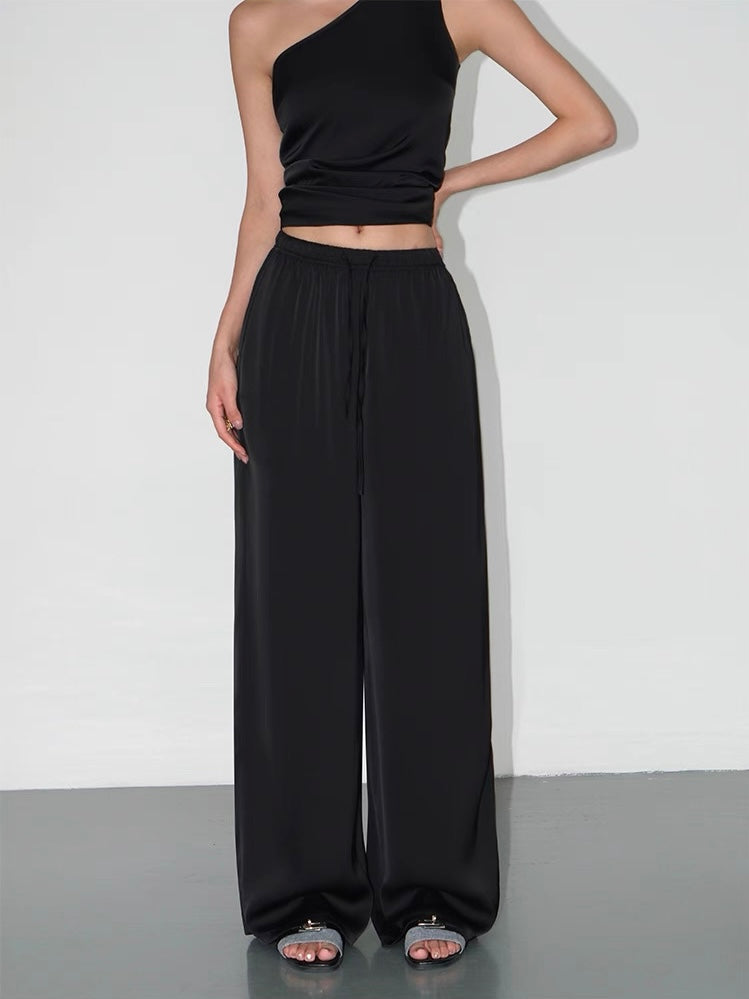High-end Satin Off-shoulder Irregular Sleeveless Top Wide-leg Casual Pants Set