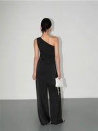 High-end Satin Off-shoulder Irregular Sleeveless Top Wide-leg Casual Pants Set