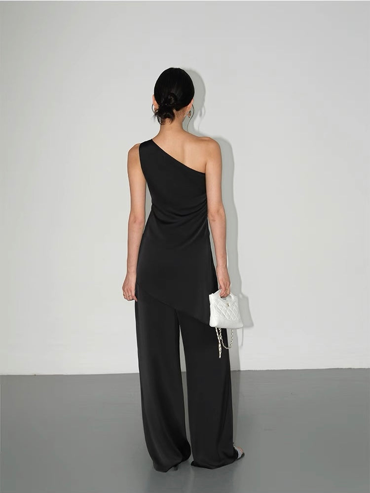 High-end Satin Off-shoulder Irregular Sleeveless Top Wide-leg Casual Pants Set
