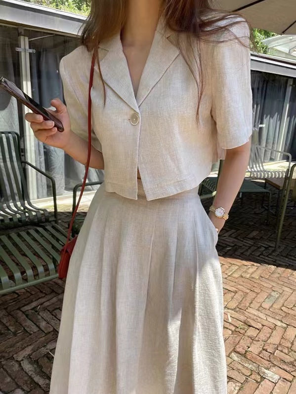 Loose Linen Short Shirt & A-line Skirt 2 Pieces Suit by painevida