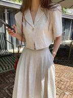 Loose Linen Short Shirt & A-line Skirt 2 Pieces Suit by painevida