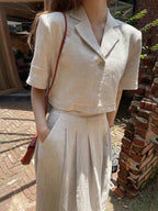 Loose Linen Short Shirt & A-line Skirt 2 Pieces Suit by painevida