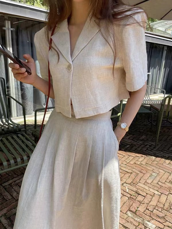 Loose Linen Short Shirt & A-line Skirt 2 Pieces Suit by painevida
