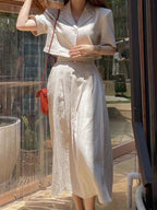 Loose Linen Short Shirt & A-line Skirt 2 Pieces Suit by painevida