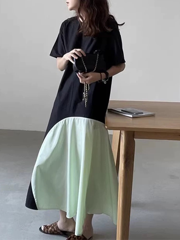 Contrast Color Stitching Irregular Short Sleeve Dress