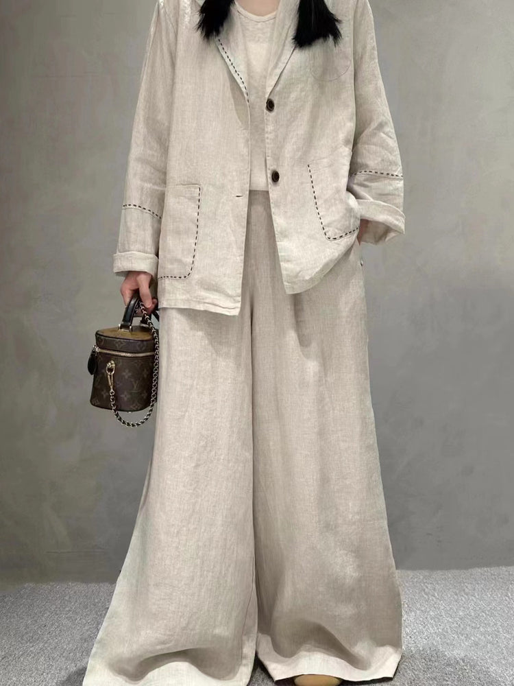 Suture Linen Casual Jacket 2-Pieces Bottoms Suit by painevida