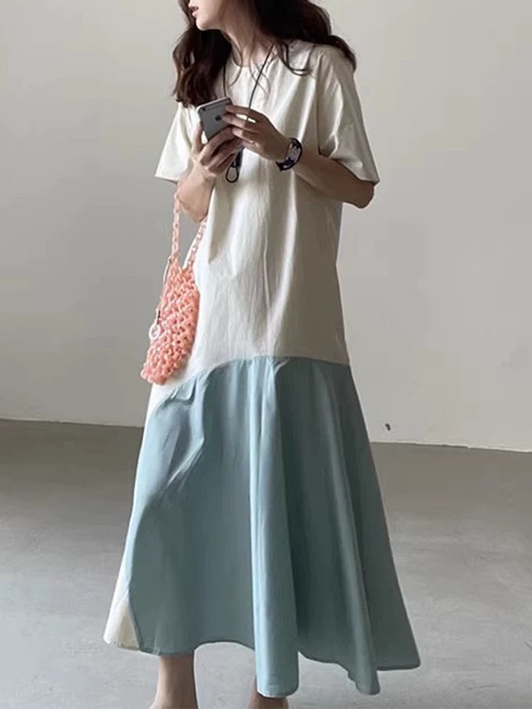 Contrast Color Stitching Irregular Short Sleeve Dress