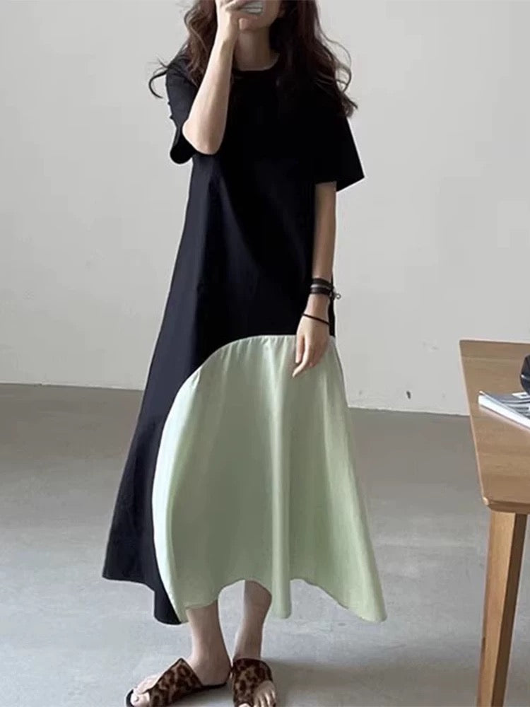Contrast Color Stitching Irregular Short Sleeve Dress