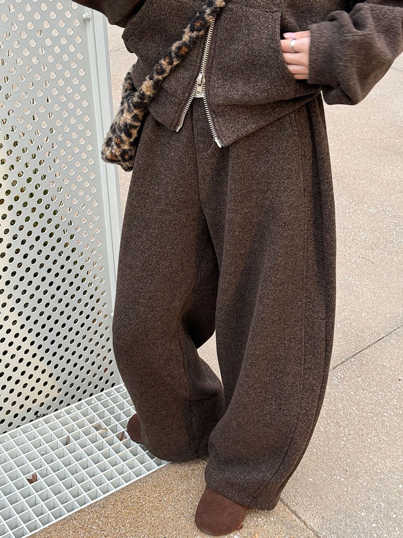 Fur-Collar Sweatshirt Jacket and Wide-Leg Pants Set - Luxe Casual Ensemble