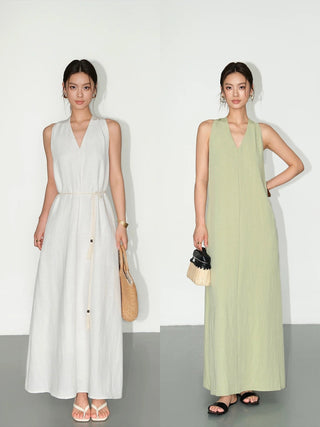 Halter V-Neck Elegant Linen Sleeveless Dress by painevida