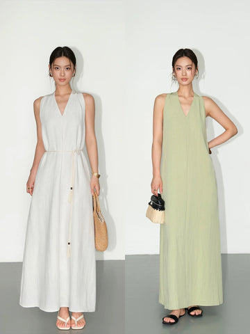 Halter V-Neck Elegant Linen Sleeveless Dress