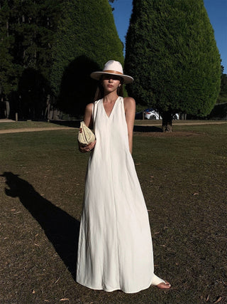 Halter V-Neck Elegant Linen Sleeveless Dress by painevida
