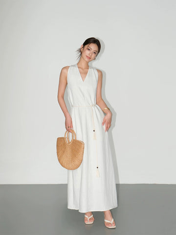 Halter V-Neck Elegant Linen Sleeveless Dress