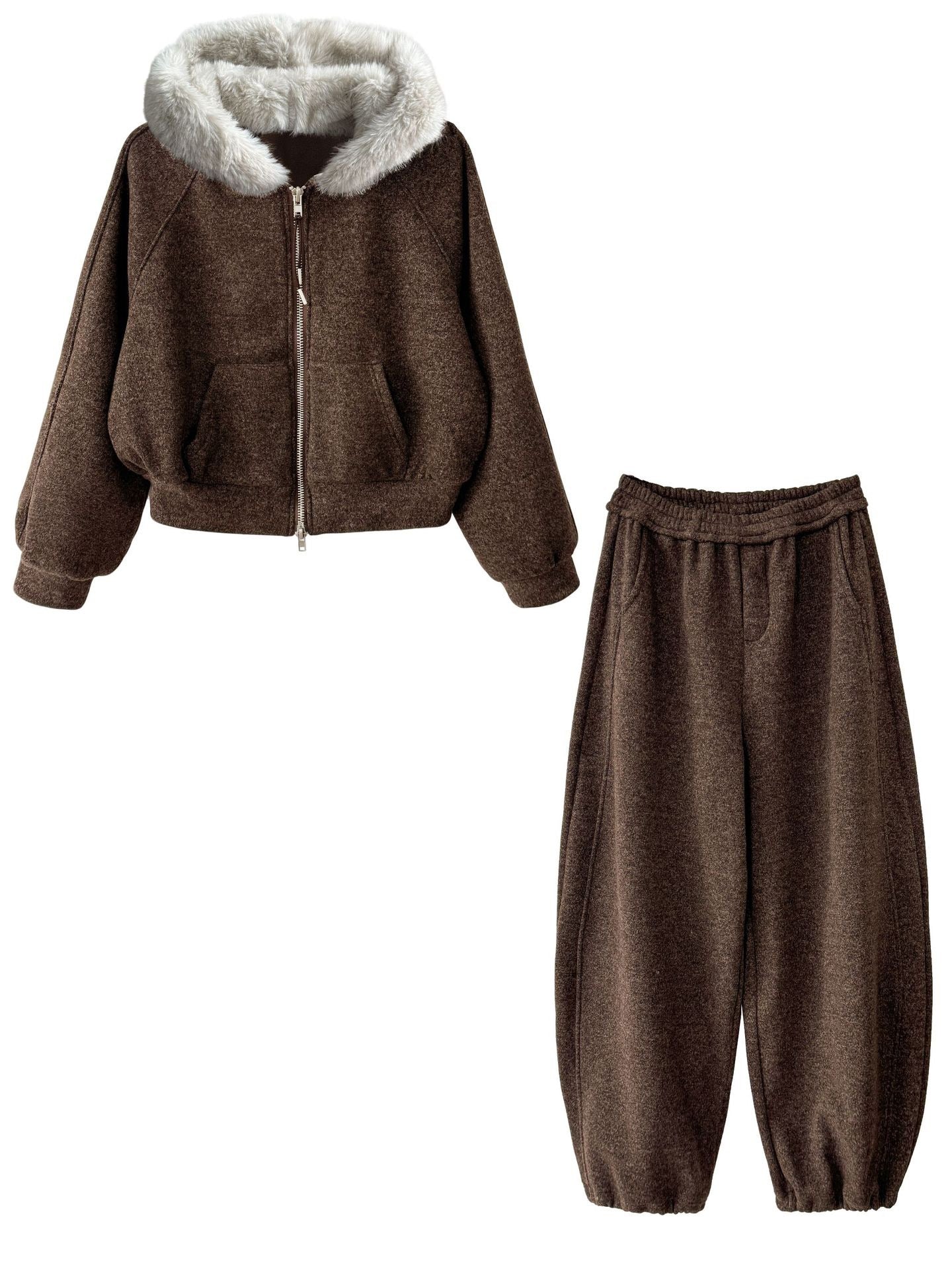 Fur-Collar Sweatshirt Jacket and Wide-Leg Pants Set - Luxe Casual Ensemble