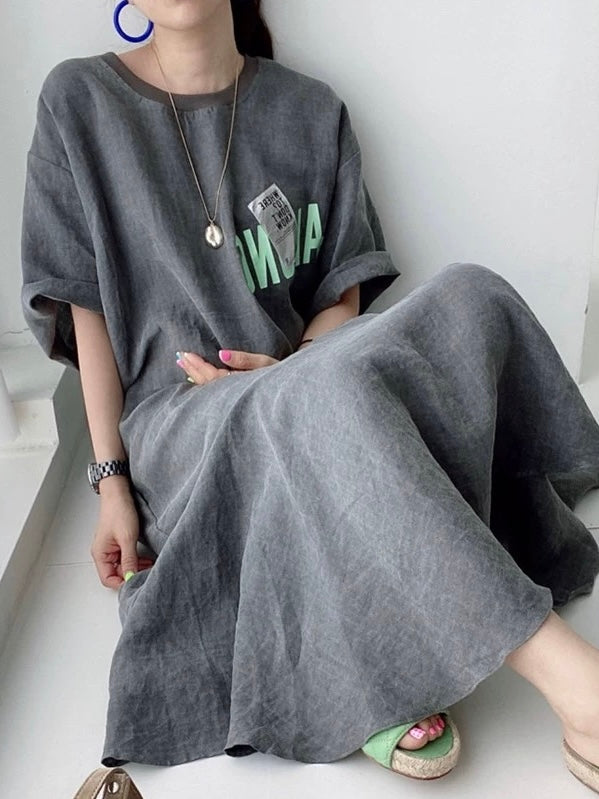 Retro Round Neck Letter Print Short Sleeve Dress