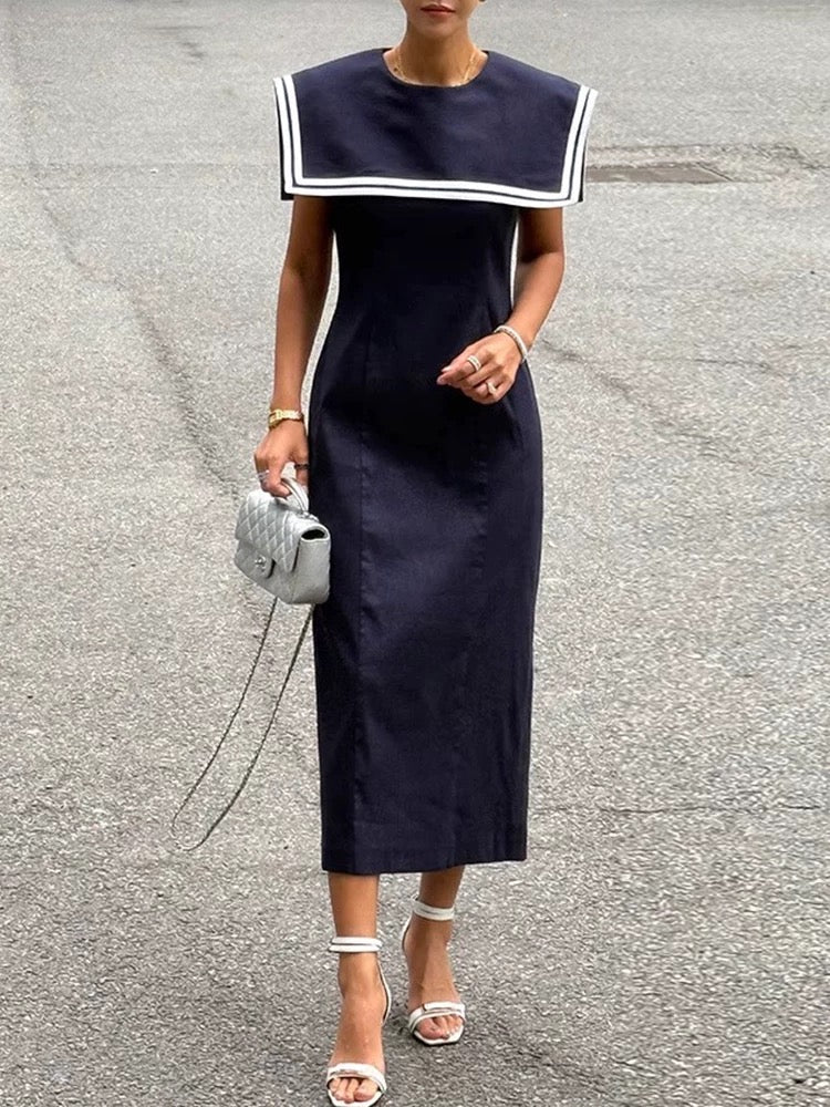 Retro Contrast Navy Collar Chic Dress