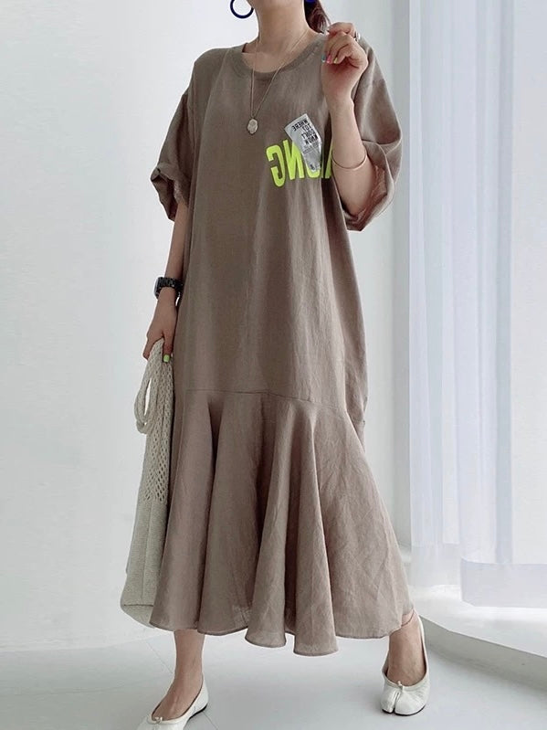 Retro Round Neck Letter Print Short Sleeve Dress